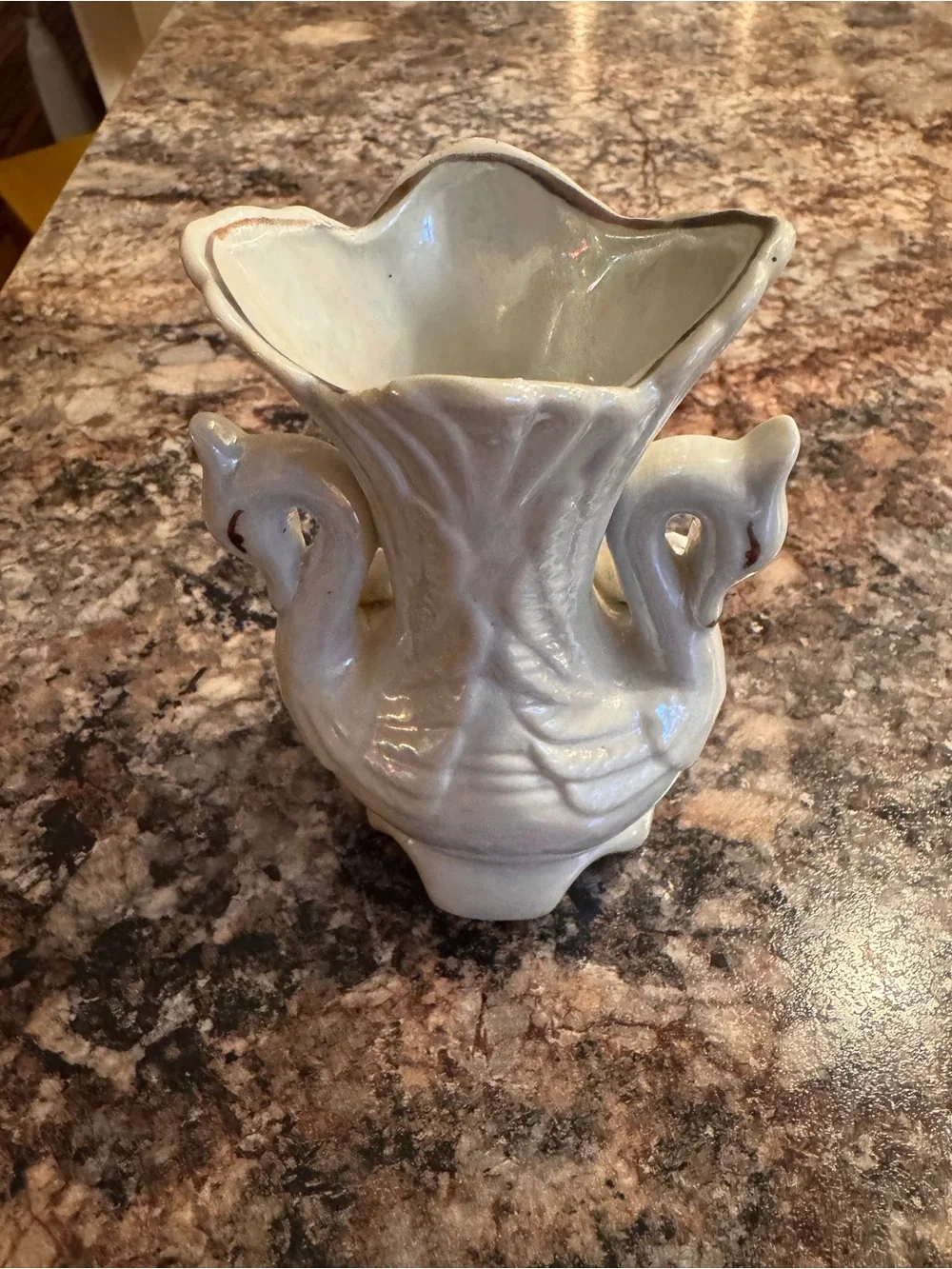 vintage lusterware ceramic swan vase featuring iridescent finishes